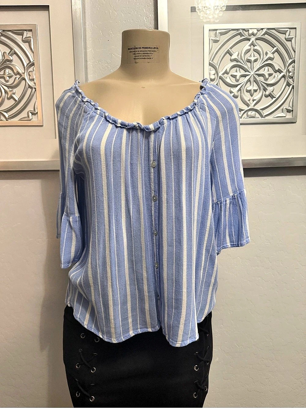 BeCool Striped Blouse in Blue & Yellow Like New